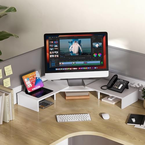 FITUEYES Dual Monitor Stand Riser, Adjustable Length and Angle, White - Image 6