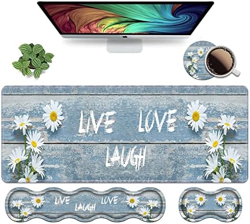Ergonomic Keyboard Wrist Rest and Mouse Pad Wrist Rest Set,Dreamy Daisy Vintage Wood Board Live Laugh Love Large XXL Gaming Desk Mat 31.5"x 11.8",Non-Slip Base, Memory Foam,Easy Typing Pain Relief by Unknown
