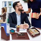 Office Supplies PU Leather 6-Piece Desk Organizer with Writing Pad, Letter Tray, File Folder Sorter, Pen Cup, Note Holder, Business Card Holder - Brown - Image 3