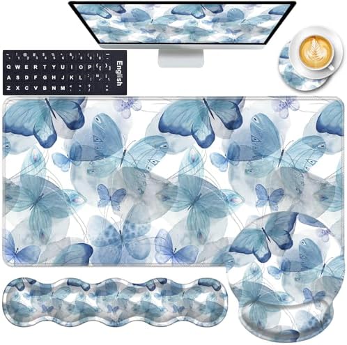 Mouse Pad,Large Pink Desk Mat, 4in1 XXL Mousepad + Keyboard Wrist Rest+Mouse Wrist Rest+Coaster Set with Ergonomic Desk Pad for Home Office Table Computer-Blue Butterfly by CICPLKSE