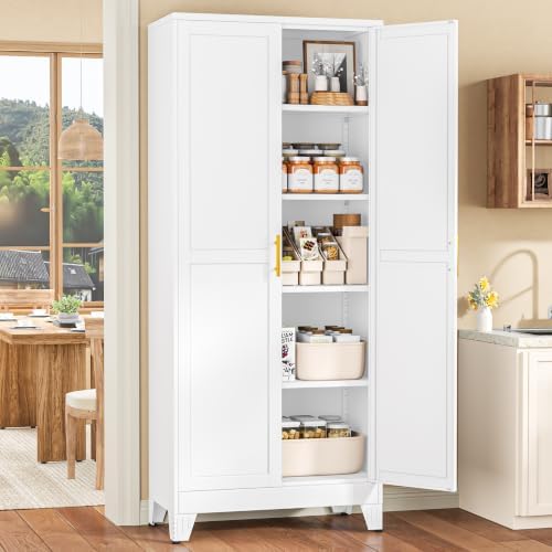 White Pantry Storage Cabinet, 71" Metal Kitchen Pantry Storage by RISTERN