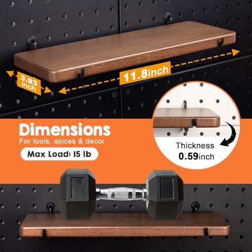 2 Pcs Walnut Finish Wooden Pegboard Shelf for 1/4" Metal Pegboard - Image 2