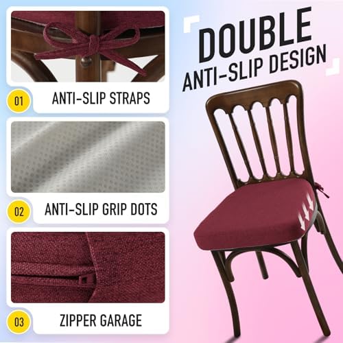 SUNROX Cooling Gel Memory Foam Chair Cushions, 2.6" Thick U-Shaped Dual-Layer Comfort Dining Chair Pads, Non Slip Seat Cushion with Ties for Indoor Kitchen Office 17"x16" Set of 4, Burgundy - Image 6