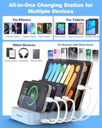MSTJRY Charging Station for Multiple Devices : 5 Port Multi USB-A Charger Stations Multi-Device Organizer Charging Dock Designed for iPhone iPad Cell Phone Tablets (7 Short Cables Included), Blue - Image 5