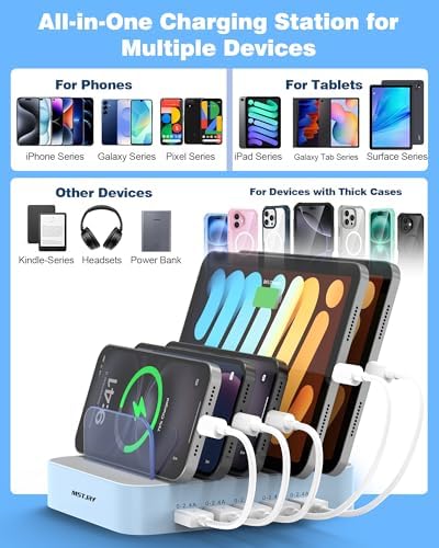 MSTJRY Charging Station for Multiple Devices : 5 Port Multi USB-A Charger Stations Multi-Device Organizer Charging Dock Designed for iPhone iPad Cell Phone Tablets (7 Short Cables Included), Blue - Image 5