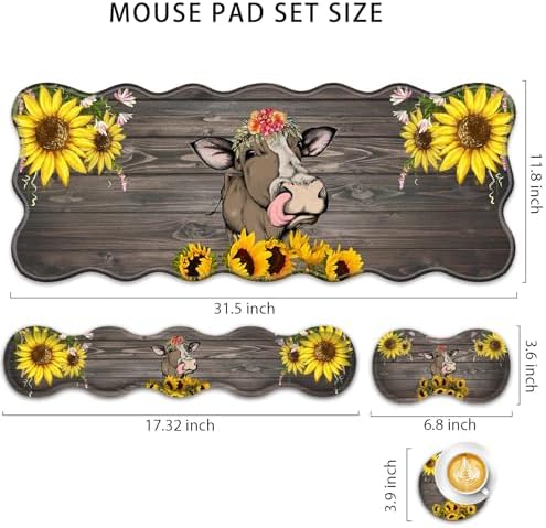 4 in 1 Desk Mat Set,Mouse Pad with Keyboard Wrist Rest,Wave-Shaped Design,Non-Slip Rubber Base,Waterproof,for Home,Office,Gaming,Cute Cow and Sunflower - Image 2