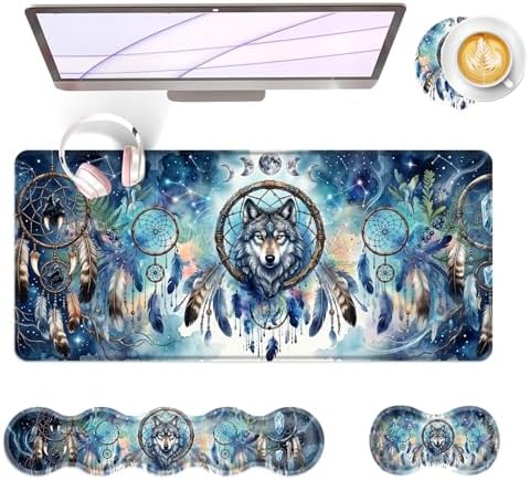 Large Keyboard Mouse Pad Set, Extended Mouse Pad+Keyboard Wrist Rest Support, Memory Foam Ergonomic Easy Typing, 4Pcs (31.5×11.8 in) Desk Pad Set for Office Home,Cool Wolf Dream Catcher by Unknown
