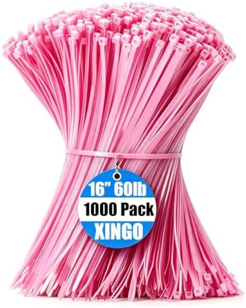XINGO 1000 PCS PCS Pink Zip Ties 16 Inch, 60 LBS Tensile Strength, Self-Locking Nylon Plastic Nylon PA66 Wire Ties for Indoor and Outdoor Use by XINGO