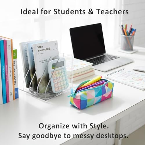 2 Pcs Acrylic File Organizer with 4 Vertical Compartments, 360° Rotating Vertical Desk Organizer for Books, Folders, Magazines, Compact Clear Book Stand & Binder Holder for Office Desk Storage - Image 5