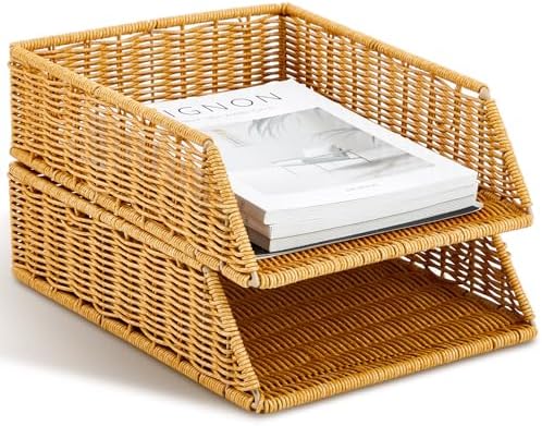 Yeaqee 2 Pcs Paper Tray Organizer for Desk Woven Letter File Organizer A4 File Tray Desk Paper Basket Letter Size Imitation Rattan Holder Organization Rack for Office Storage(Brown,Sleek Style) by Yeaqee