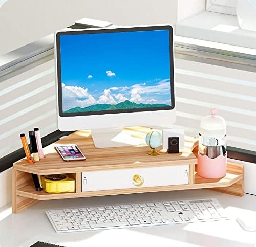Triangle Monitor Stand Riser,Cut Triangle Save Space Desktop Corner,Desktop corner shelf with drawers wooden computer stand with storage laptop risers office organization. (Have drawers) - Image 4