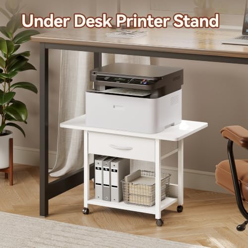 Printer Stand with Locking Wheels, 2-Tier Printer Table with Fabric Drawer, Under Desk Rolling Table Cart for Home Office, Fit Fax Machine Scanner, White - Image 2