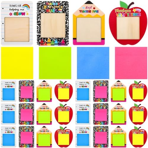 Epakh 24 Sets Back to School Teacher Gifts Bulk Composition Sticky Note Holder with Notepads Wood Sticky Note Dispensers Pencil Apple Notebook Design Thank You Gift for First Day of School by Epakh
