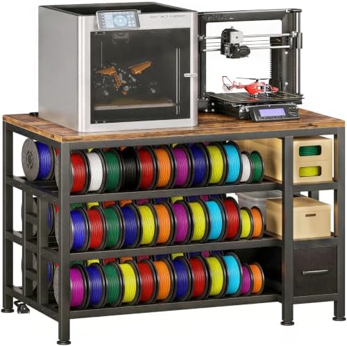 3D Printer Stand with Storage, 3-Tier Filament Storage Rack, Power Strip, Side Drawer, Heavy-Duty Printer Table, 31.4 x 24 in Worktop by MILEFA
