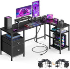 Furologee 50 Inch L Shaped Gaming Desk with Power Outlet and Drawers, Black by Furologee