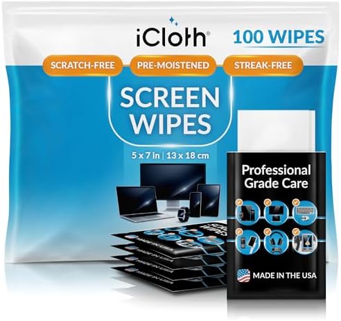 iCloth Large Screen Cleaning Wipes for Electronics, Lint-Free and Streak-Free, Fast-Drying, Removes Dust, Fingerprints, and Smudges (100 Wipes) by iCloth