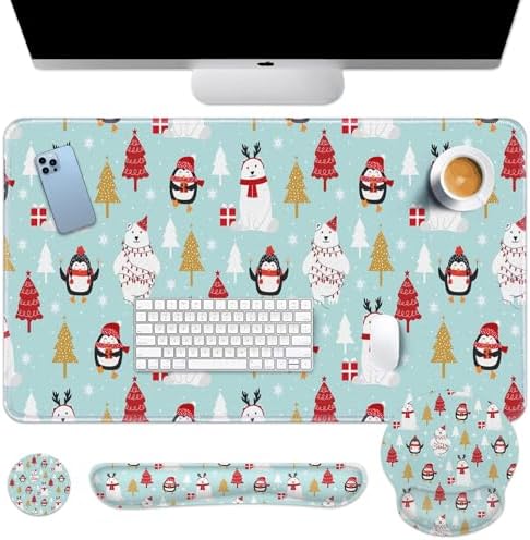 Britimes Keyboard Mouse Pad Set, 4 in 1 Desk Mat Set, Christmas Penguin by Britimes