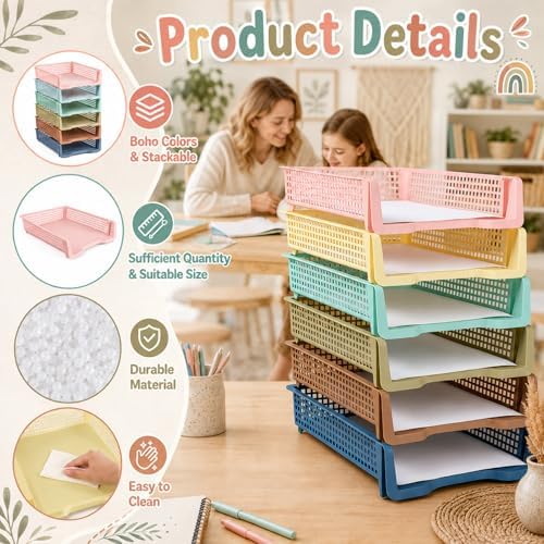 Set of 12 Boho Turn in Trays for Teachers Stackable Classroom Paper Letter Trays Plastic Classroom Desk Letter Organizer Tray Storage Baskets for Library, Drawers, Office, Home - Image 3