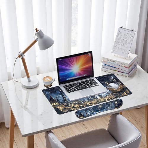 Midnight Castle Desk Mat Set Fantasy Sky Large Mouse Pad with Wrist Rest 4in1 Desk Mat for Desktop Ergonomic Computer Desk Arm Wrist Anti-Slip Computer Ergonomic Mouse Pad Home Office Gaming - Image 7