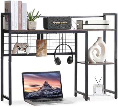 4-Tier Desk Hutch Shelf with Grid Panel, 39” Desktop Bookshelf for Monitor, Office & Home (Rustic Brown, 39") by Grecodown