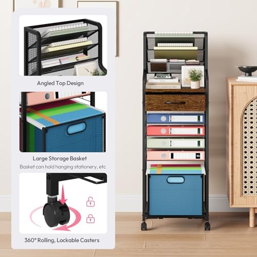 SWTYMIKI 10-Tier Rolling File Cart - Mesh Paper Organizer with Drawer & Hanging File Folders on Lockable Wheels, Rolling File Cabinet for Office Organization, Storage in Home, Studio, School, Espresso - Image 6