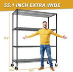 4 Tier Storage Racks Shelving, Heavy Steel Pantry Shelves, Adjustable Wire Shelving Rack with Wheels, Suitable for Garage, Kitchens, Bathroom, Offices, 55" W x 23.6" D x 75.6" H, Black - Image 3