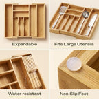 Drawer Organizer for Kitchen Organization – Expandable Bamboo Silverware Drawer Organizer with Removable Knife Block, Bamboo Cutlery, Non-Slip Utensil Organizer with 7-Slot Knife Storage for Flatware - Image 6