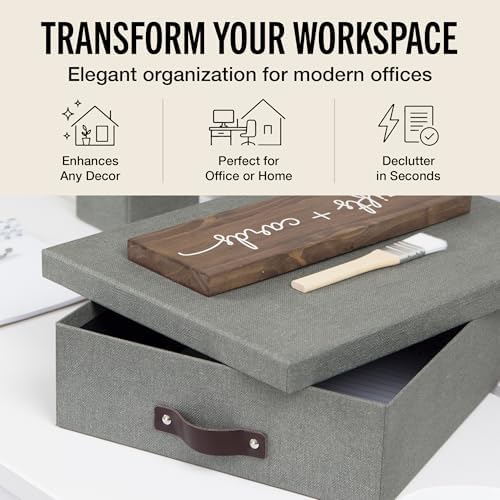 Bigso Box of Sweden Oskar Canvas Fiberboard Document Letter Box - File Organizer Box for Important Paperwork - Document Storage with a Lid & Handle - 3.3 in x 10.2 in x 13.8 in - 3 Pack - Grey - Image 2