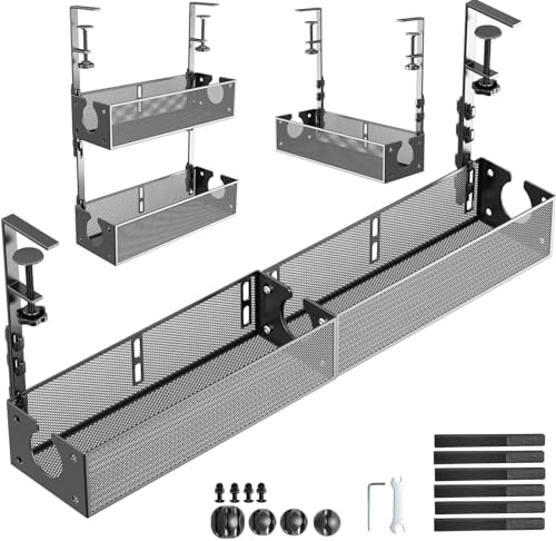 Multi-Model Under Desk Cable Management Tray 2 Packs Metal Under Desk Wire Management Clamp Mount Under Table Cord Management No Damage The Desk (Black) by SRJZMLY