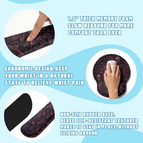 Dark Floral Desk Mat Set Gothic Skull Rose Large Mouse Pad with Wrist Rest 4in1 Desk Mat for Desktop Ergonomic Computer Desk Arm Wrist Anti-Slip Computer Ergonomic Mouse Pad Home Office Gaming - Image 3