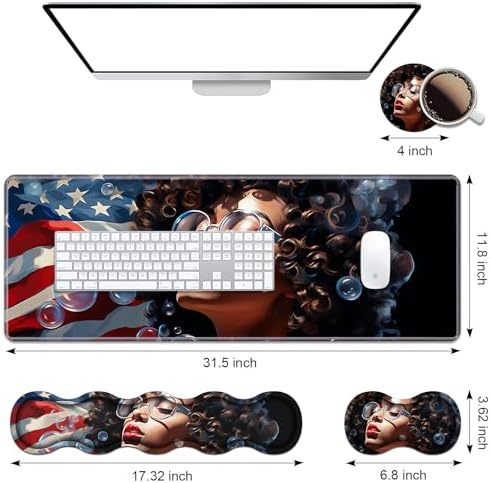 Ergonomic Keyboard Wrist Rest & Mouse Pad Wrist Rest Set, Large XXL Gaming Desk Mat 31.5"x 11.8" with Memory Foam, Easy Typing Pain Relief for Office & Home, African American Girl - Image 2
