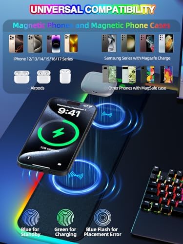 Mouse Pad with 15W Magnetic Wireless Charging 31.5x15.75 Inch, RGB Mousepad for Desk Mat, XXL Desk Pad with 11 Colors & 5 Modes, Home Office Large Keyboard Pad Waterproof Non-Slip for Gaming PC Setup - Image 2