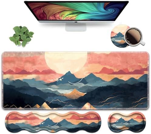 Ergonomic Keyboard Wrist Rest and Mouse Pad Wrist Rest Set, Large XXL Gaming Mousepad 31.5"x 11.8", Memory Foam, Easy Typing Pain Relief, Multifunctional Desk Mat for Office & Home, Mountain Sunrise by Unknown