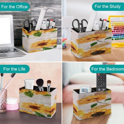 PU Leather Multi-Compartment Pen Holder Desktop Organizer Pencil Cup Storage Caddy for Office Home Supplies Hand Drawn Vibrant Yellow Watercolor Sunflowers Flowers Old Letters - Image 4