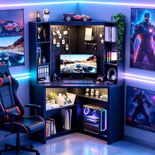 Corner Desk with - LED Reading Light, L-Shaped Computer Desk w/Hutch & Shelves, Home Office Desk w/Charging Station for Work & Study, File Cabinet Storage Bookshelf for Small Space (Black) by JDPAG