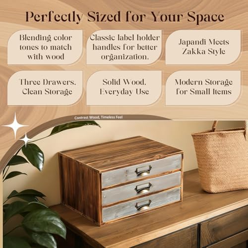 Stackable Modular Desktop Drawer Organizer, Aged Vintage Wood Grey 3-Drawer Storage Unit with Label Pull Handles, 2 Tone Wooden Japandi Style, Expandable by Adding More Units for Clutter-Free Spaces - Image 4