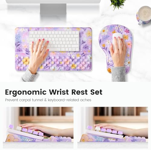Ospelelf Keyboard Wrist Rest and Mouse Pad Set, Ergonomic Memory Foam Wrist Support, Aesthetic Desk Accessories for Office, Home & Gaming, Relief for Carpal Tunnel & Wrist Pain, Purple Floral - Image 4