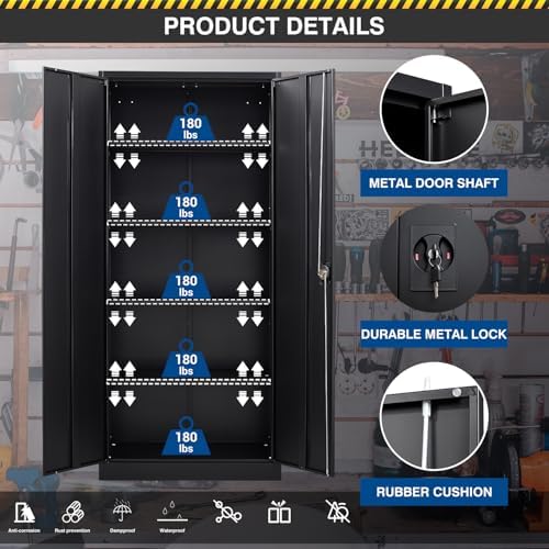 Fesbos Metal Storage Cabinet-72” Black Tall Steel File Cabinets with Lockable Doors and Adjustable Shelves-Black Steel Storage Cabinet for Kitchen, Office, Garage - Image 5