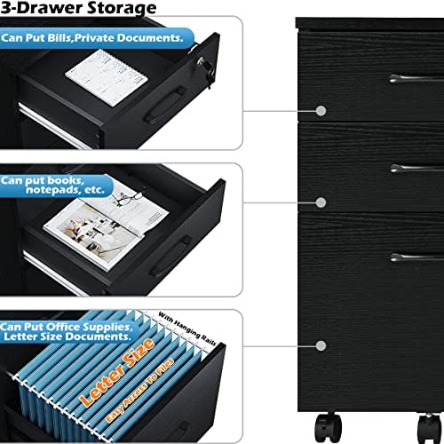 Panana 3 Drawer Wood Mobile File Cabinet, Under Desk Storage Drawers Small File Cabinet for Home Office (Black) - Image 5
