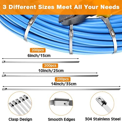 Therwen 600 Pcs Metal Zip Ties Heavy Duty 304 Stainless Steel, Multi Sizes - Image 2