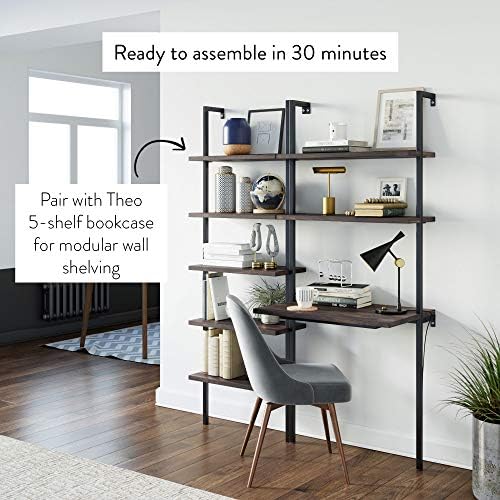 Nathan James Theo 2-Shelf Industrial Wall Mount Ladder Table, Small Computer or Writing Desk, Nutmeg/Matte Black - Image 5