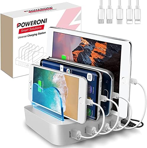 4 Port Charger Station - Fast Charging Dock for Multiple Devices Apple - Multi Device USB Charging Station - Compatible with Apple iPad, iPhone, Android, and Tablet - Charging Rack by Poweroni