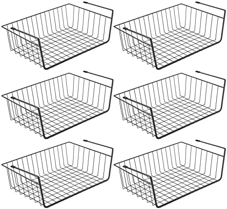 Under Shelf Basket, 6PCS Hanging Storage Basket for Pantry Cupboard Laundry Room Slide-in Baskets Organizer for Kitchen Counter Desk Bookshelf, Space Saving, Easy to Install, Black by GENIYA