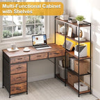 Garvee L Shaped Gaming Computer Desk with 6 Fabric Drawers, Corner Gaming Desk with Open Shelves, Home Office PC Table with Power Outlets & LED Lights, 58.3" l*54.3" h, Rustic Brown - Image 4