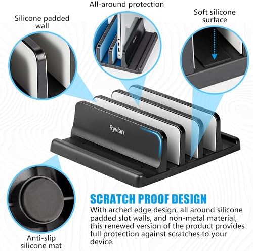 Ryvlan Vertical Laptop Stand, 3 Slot Adjustable Laptop Storage Rack and Desk Organizer, Silicone-Padded Holder for Multiple Devices Storage, Compatible Stand for Tablets and Devices up to 17 Inches - Image 5