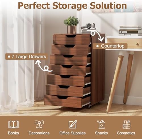 GIANTEX 7-Drawer Storage Cabinet, Mobile File Organizer with 4 Universal Casters, Wooden Vertical Filing Cabinet on Lockable Wheels for Office, Study, Living Room (19” x 15.5” x 34.5”,Walnut) - Image 4