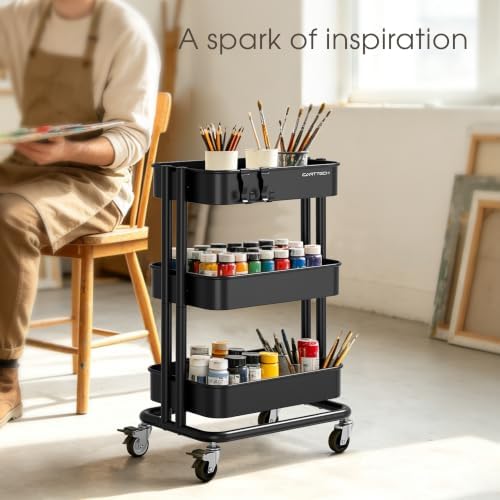 3 Tier Rolling Cart Metal Utility Cart with Lockable Wheels Home Office - Image 7