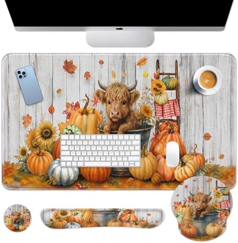 Britimes Keyboard Mouse Pad Set, 4 in 1 Desk Mat Set, Highland Cow Fall by Britimes