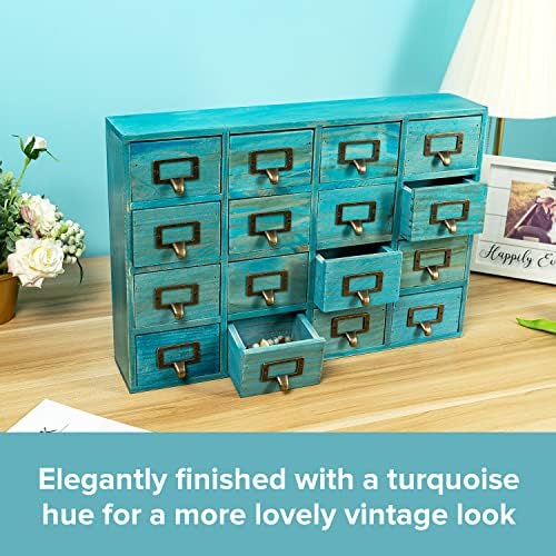 Teal 16-Slot Wooden Drawer Unit - Country Style Desk Organizer Box - 20"x3.6”x14” Wooden Storage Box w/ 16 Drawers - Countertop Drawers w/Label Holder & Handle - Slim 4-Level Desk Organizer - Image 5