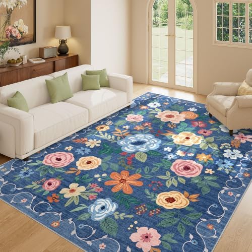 DUKINO 6x9 Area Rugs, Floral Washable Rug for Bedroom Non Slip, Blue - Image 5